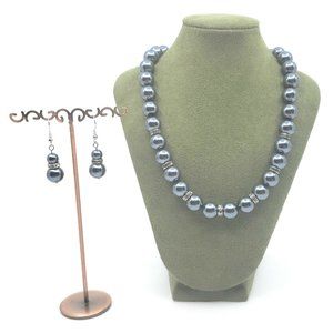 Faux Pearl Necklace with Matching Earrings Set Grey